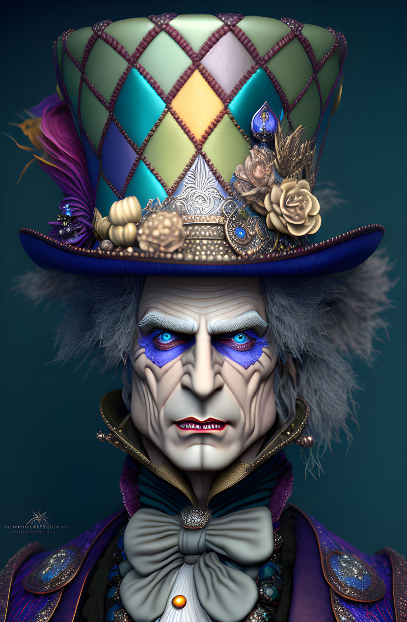 Detailed portrayal of character in colorful checkered top hat with feathers and jewels, stern expression, and orn