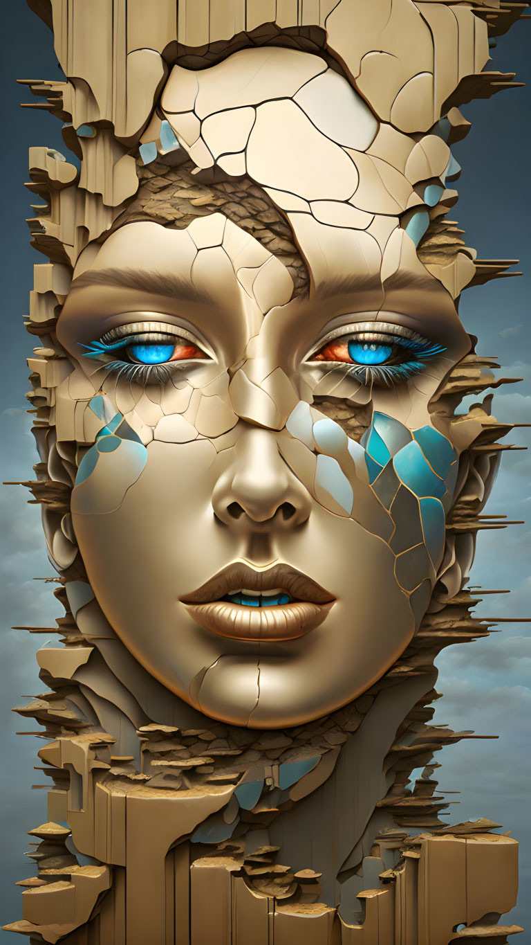 Fragmented statue-like face with intricate cracks against cloudy sky