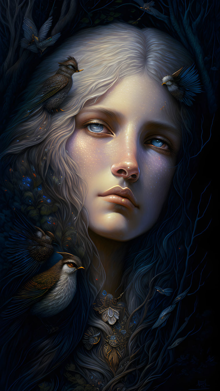 Digital Artwork: Woman with Pale Skin and Blue Eyes in Mystical Setting