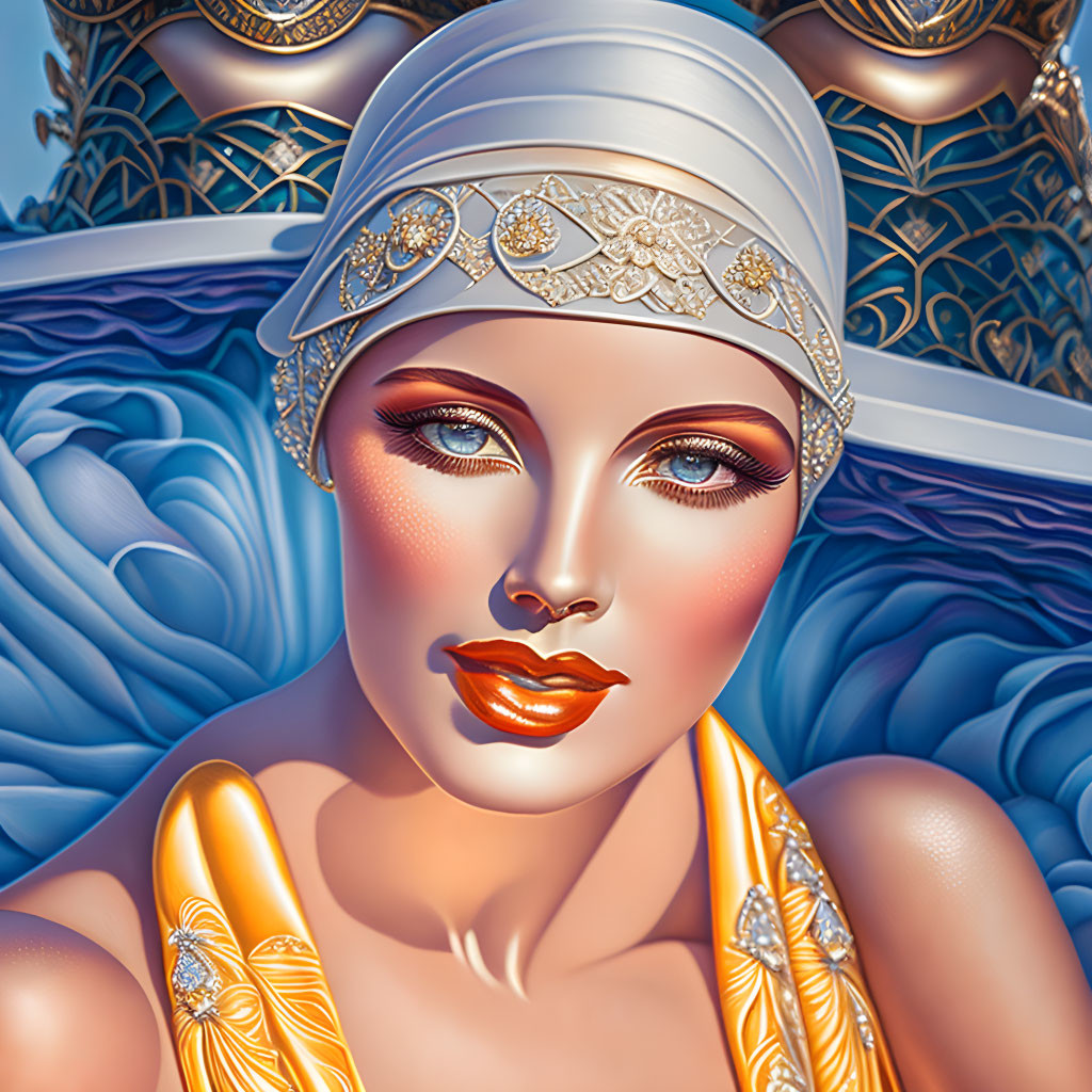 Illustration of woman with white headband, silver designs, golden attire, and blue background