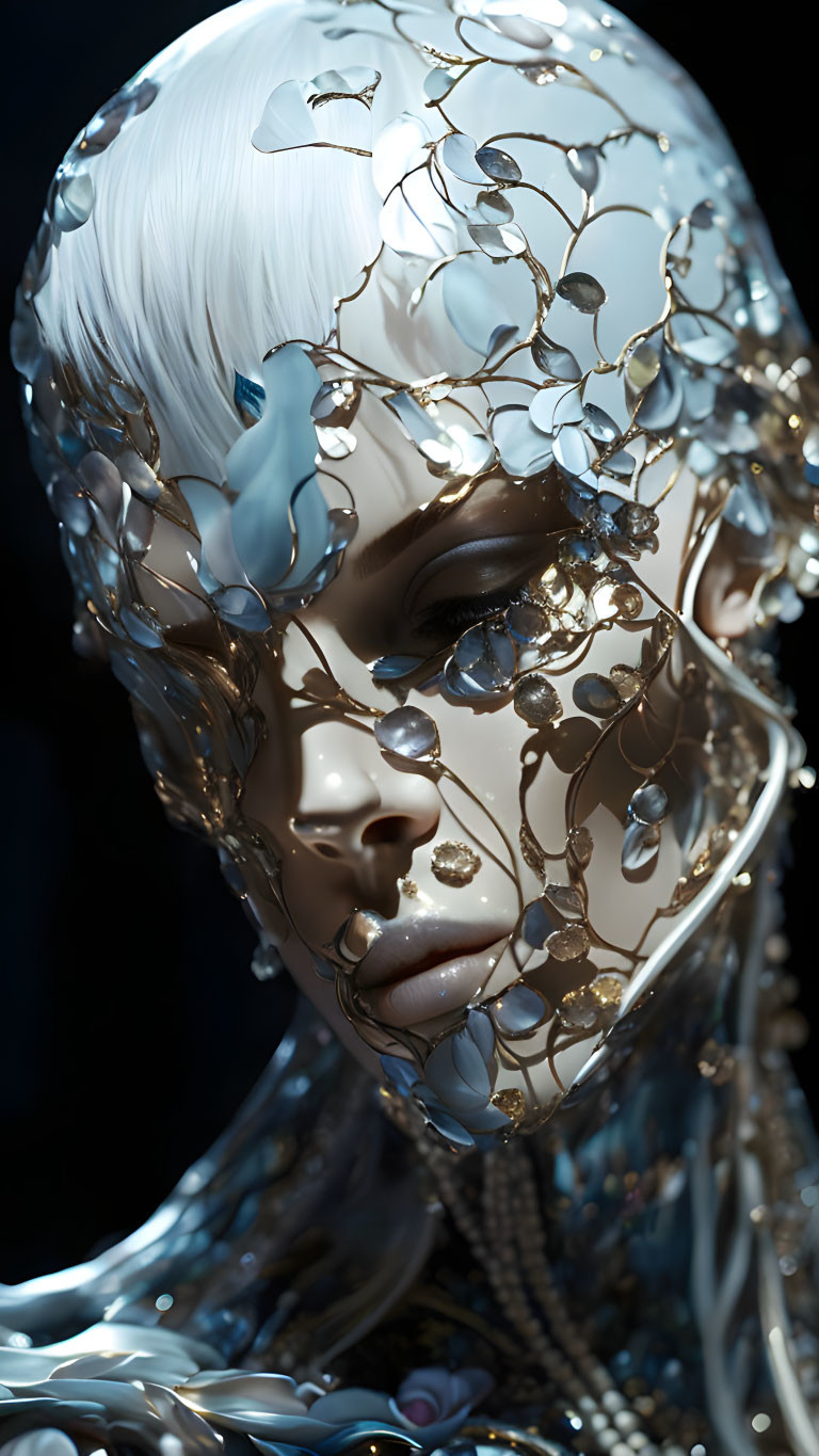 Futuristic golden filigree mask with pearls and white hairstyle