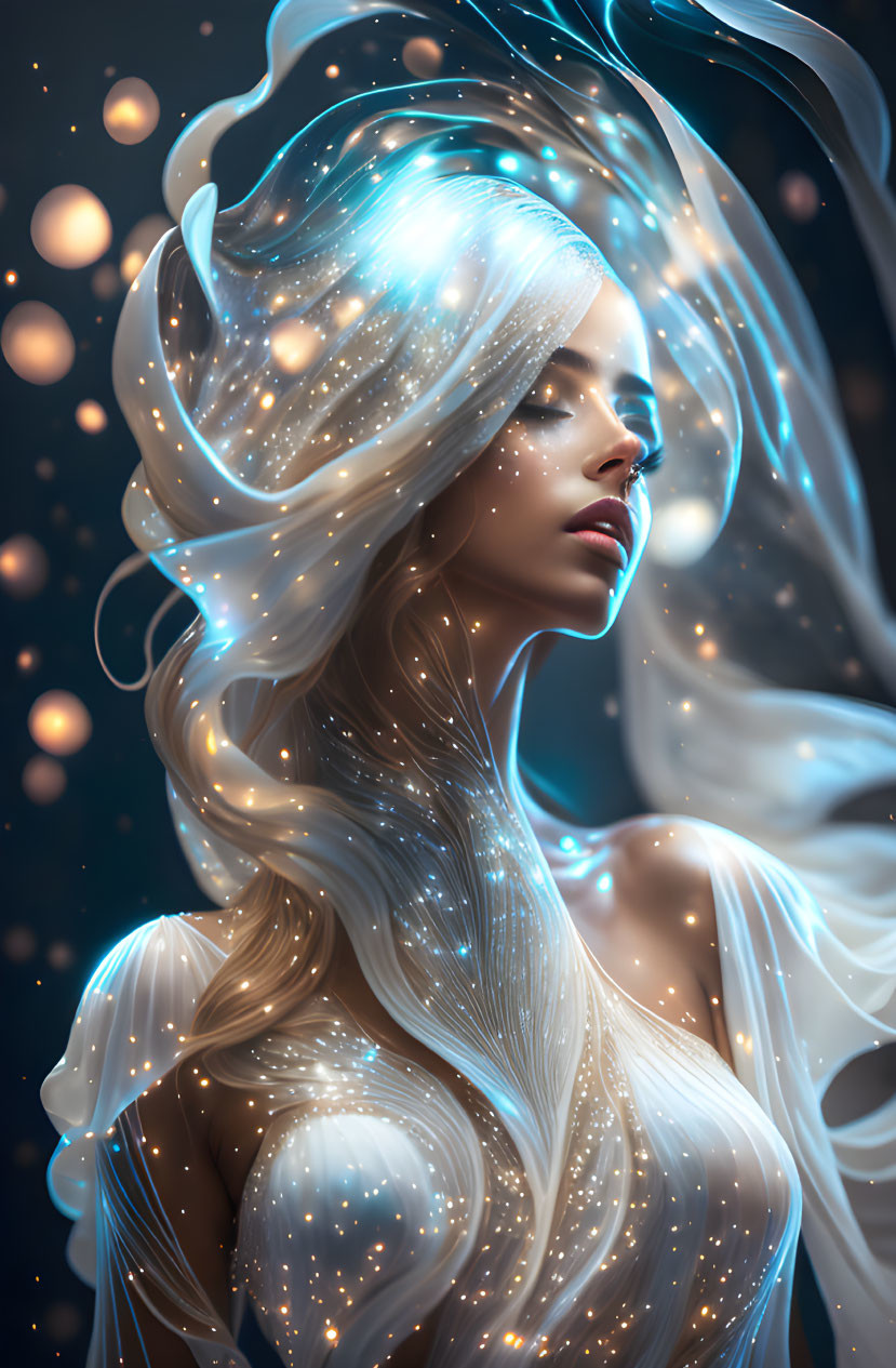 Glowing woman with translucent hair and orbs on dark background