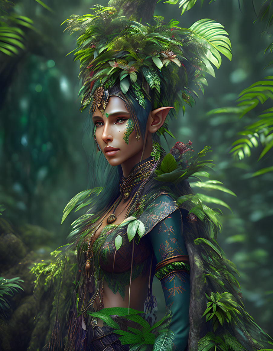 Forest elf with green foliage adornments and intricate tattoos in lush setting