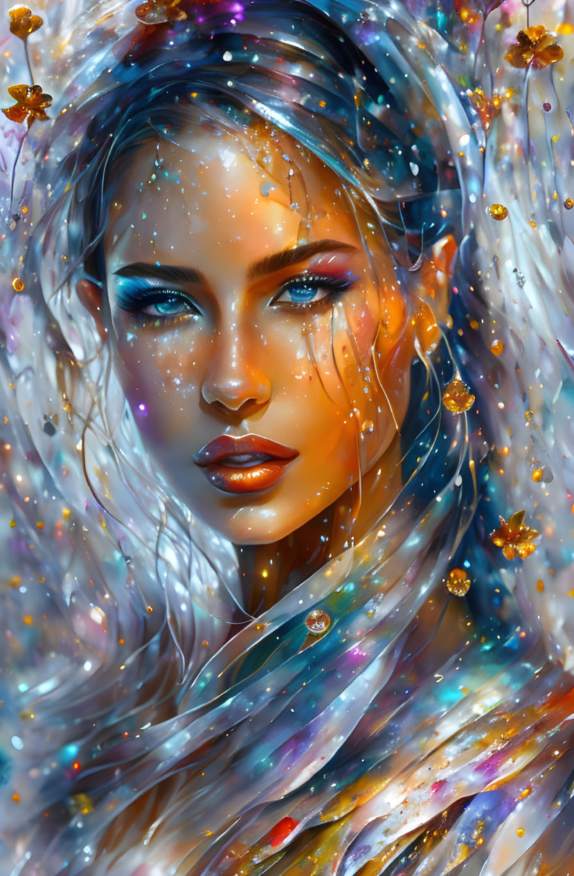 Woman with Vibrant Blue Eyes in Cosmic Starry Scene