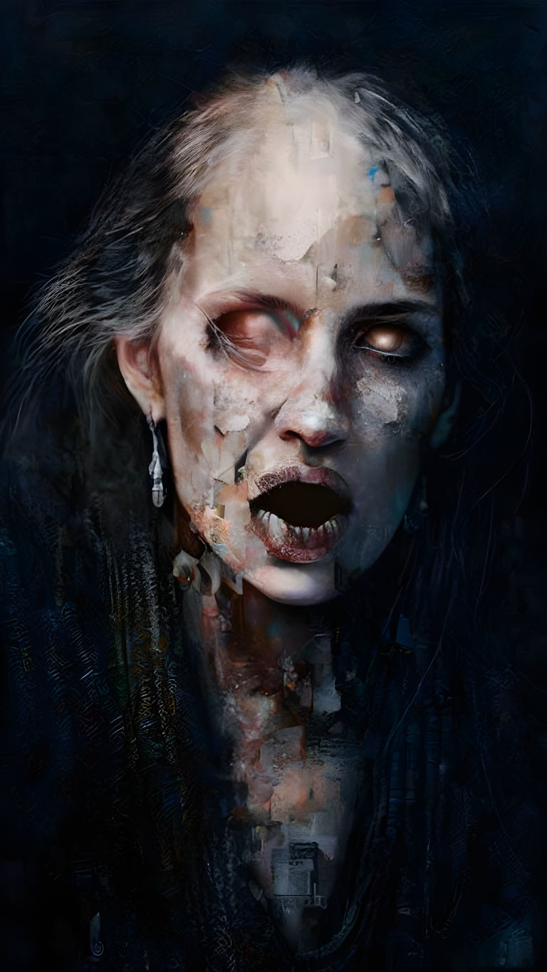 Digital artwork: Haunting ghostly female figure with decomposing face and glazed eyes on dark textured background