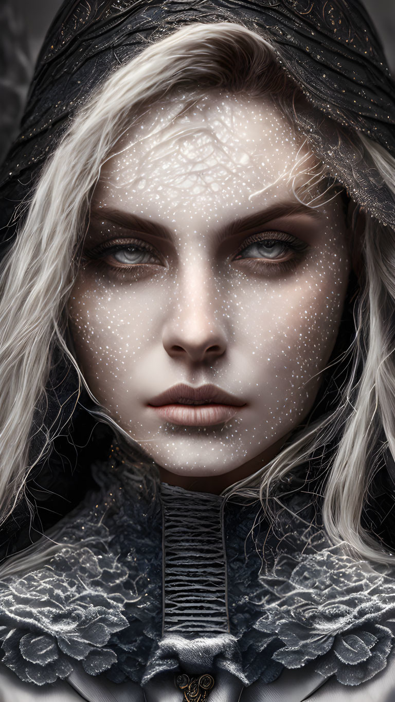 Pale woman with freckled skin and white hair in dark veil and ruffled collar