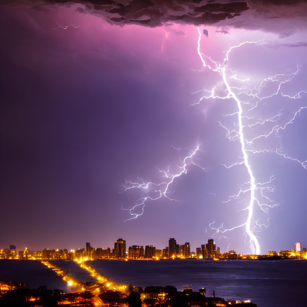 Vibrant lightning bolt illuminates cityscape at night