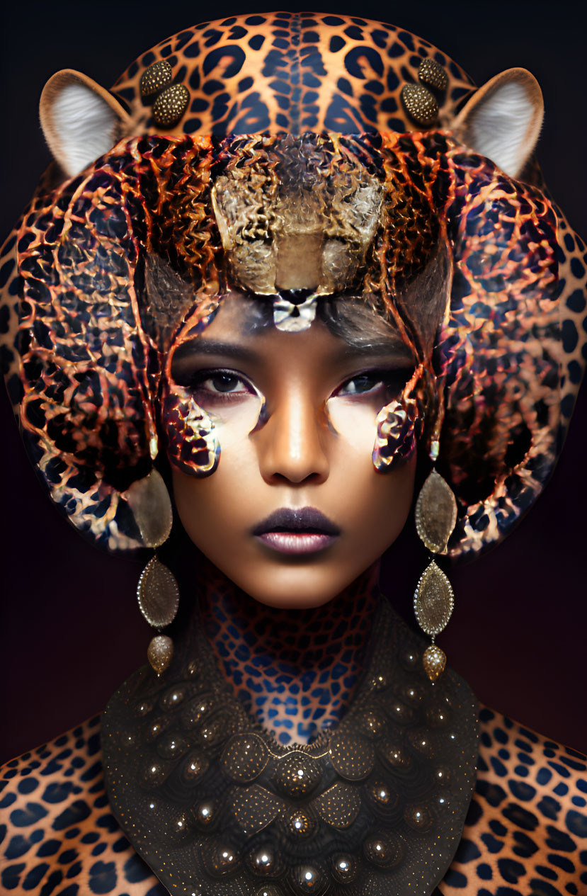 Woman with Leopard-Themed Makeup and Accessories on Brown Background