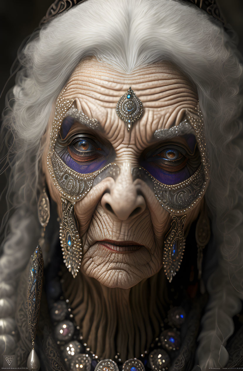 Elder Woman with Ornate Makeup, Jewelry, and Blue Eyes