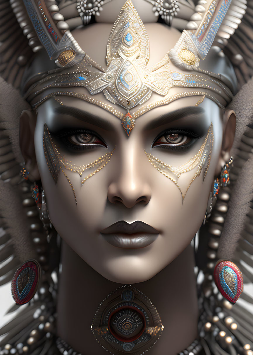 Portrait of a person with striking makeup and ornate headdress.