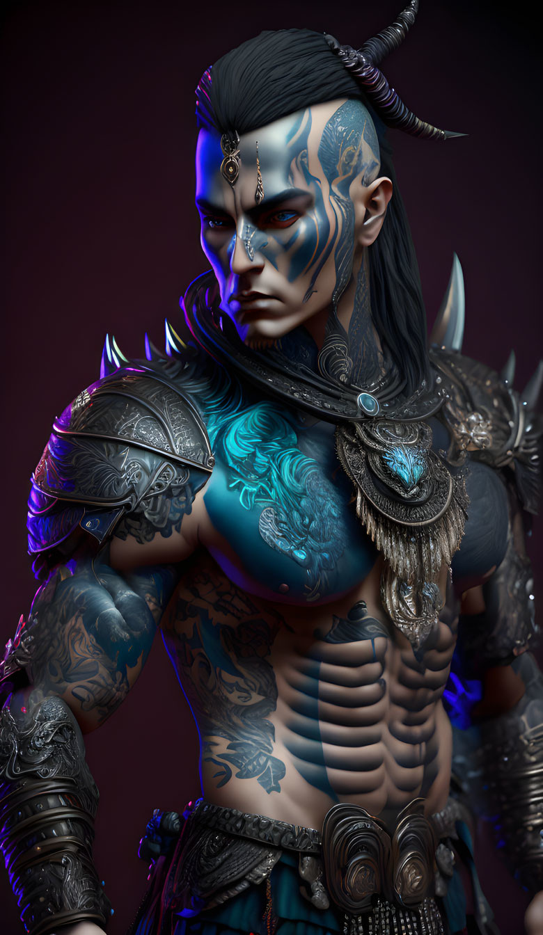 Fantasy illustration of male character with blue skin, tribal tattoos, horns, and ornate armor