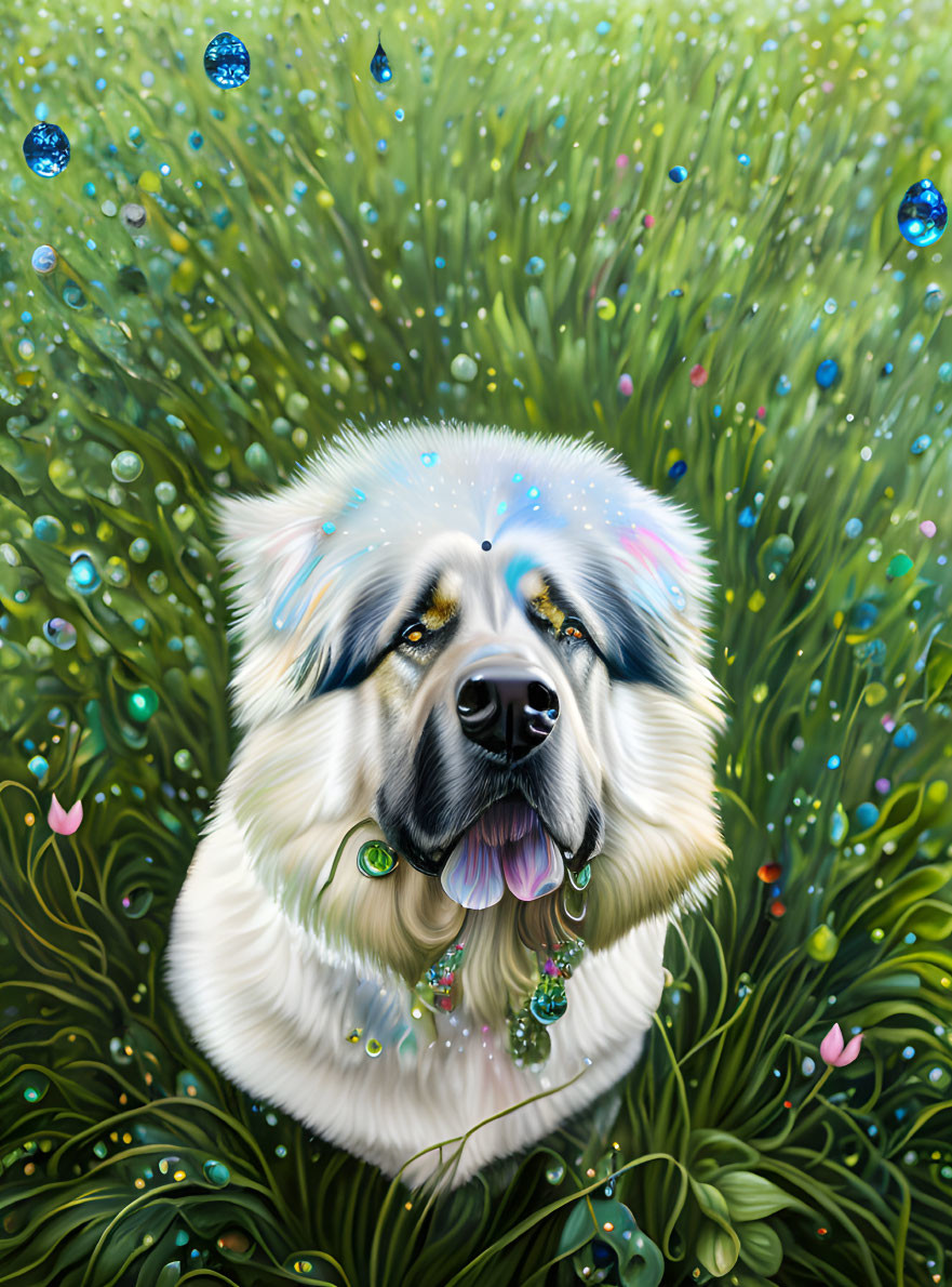 Vibrant digital art: happy dog with galaxy fur, greenery, iridescent bubbles