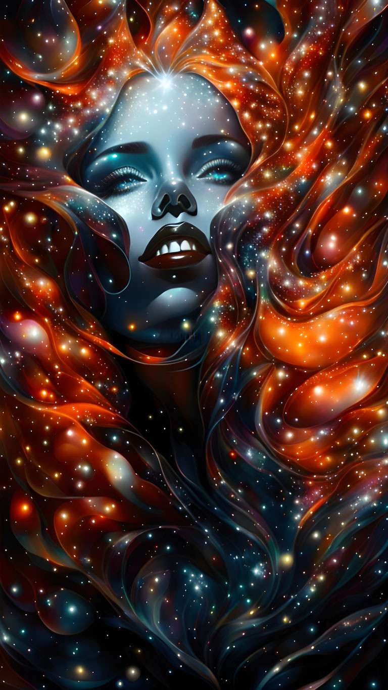 Woman's face blending into vibrant cosmic background with nebulas and stars