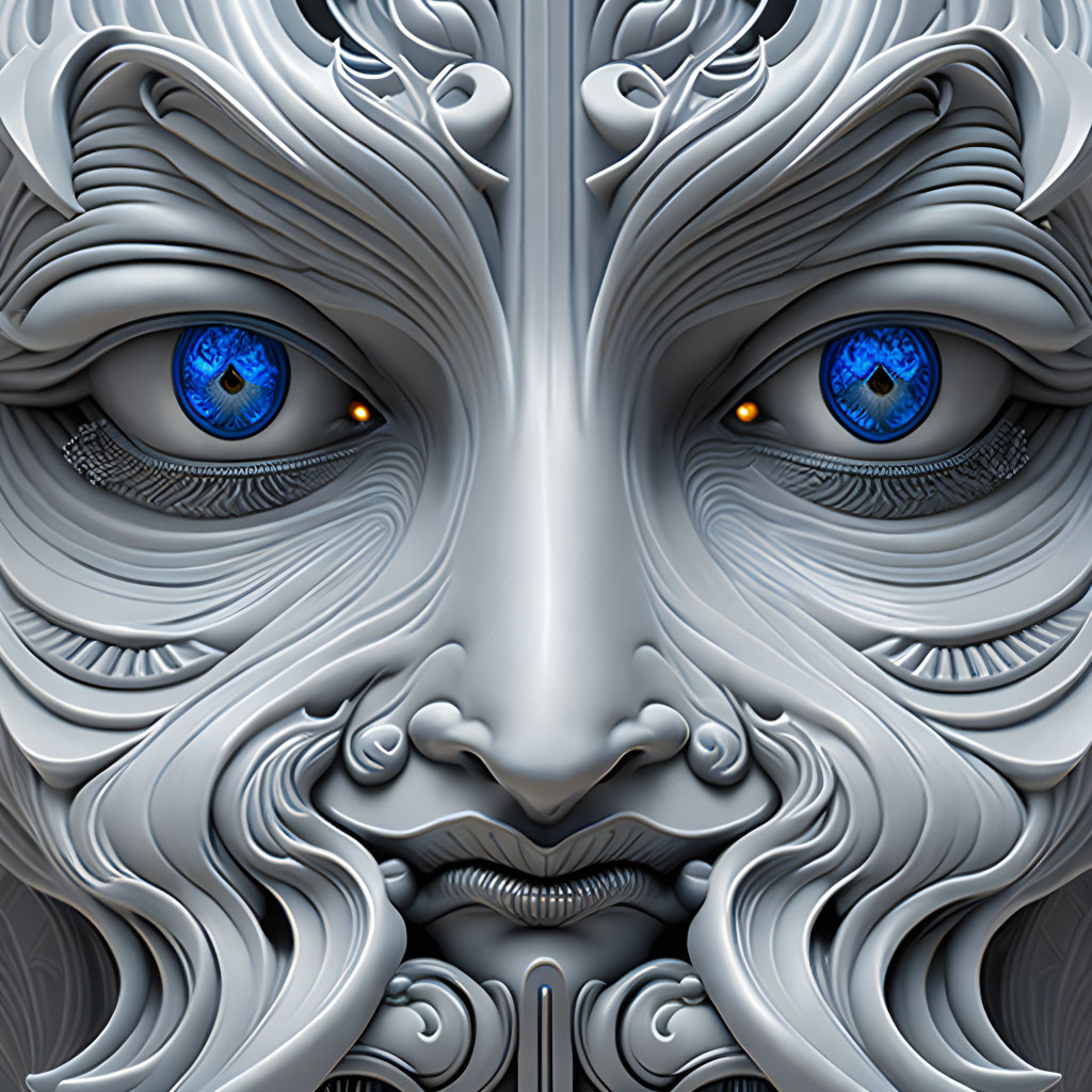 Abstract Face Art: Intricate Silver Patterns, Vivid Blue Eyes