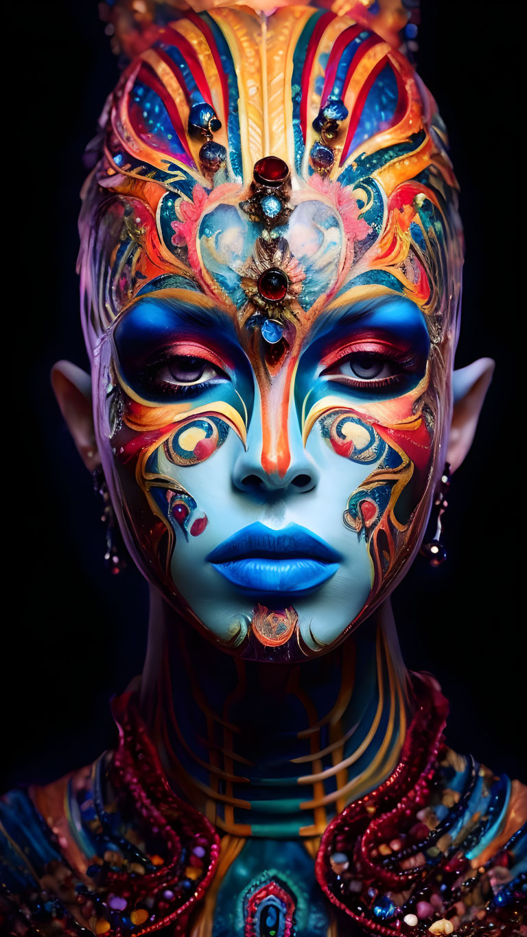 Colorful Face Makeup with Elaborate Designs and Jewels