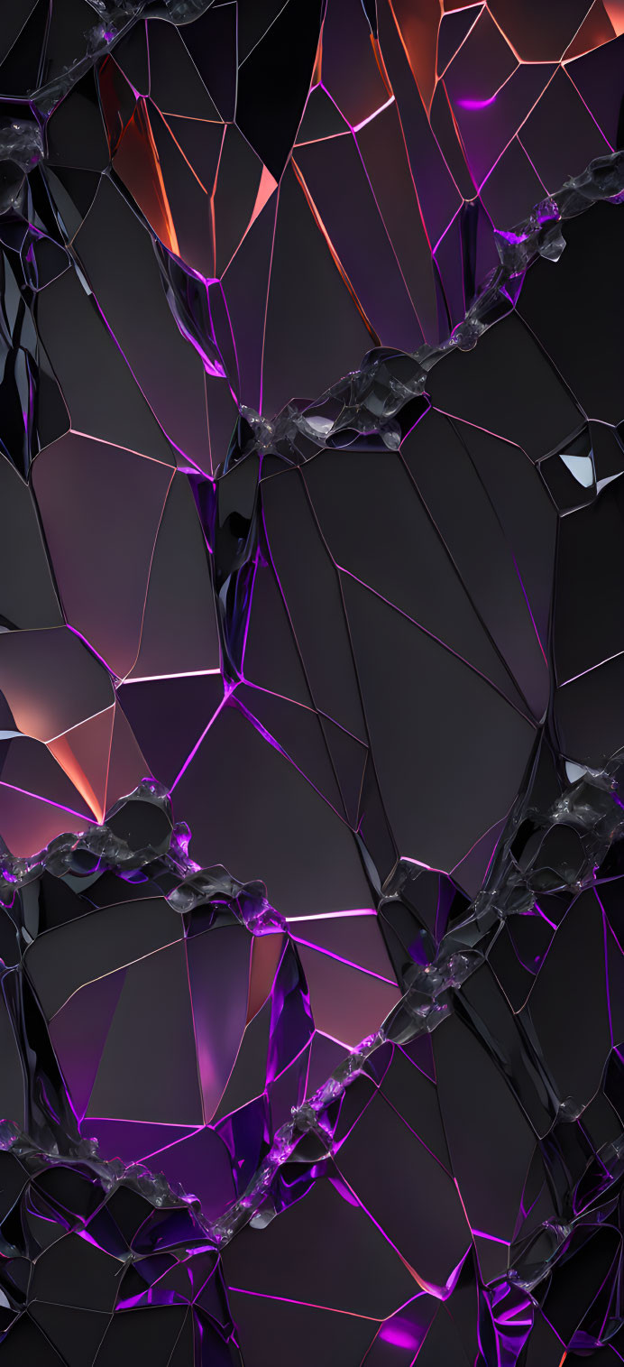 Fractured geometric shapes in black and purple with orange highlights