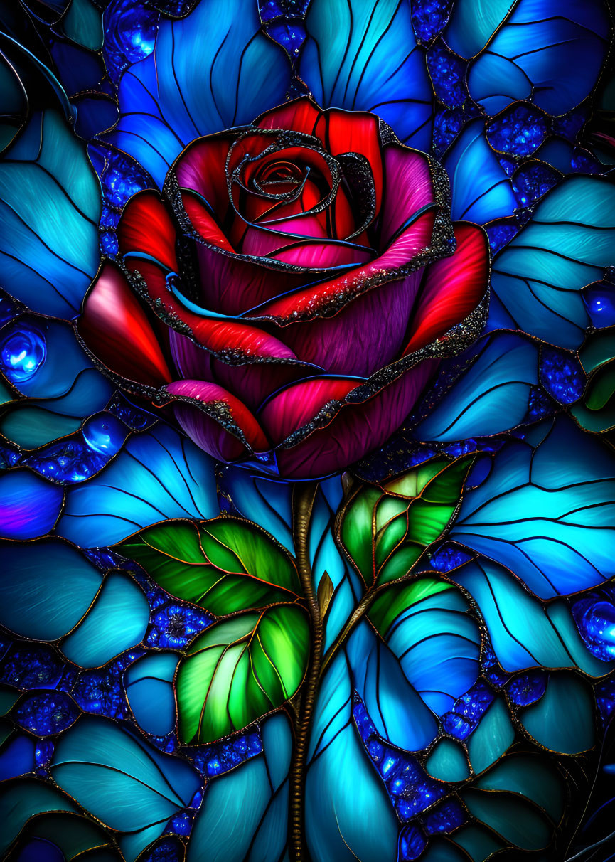 Colorful Stained Glass Style Illustration of Red and Purple Rose