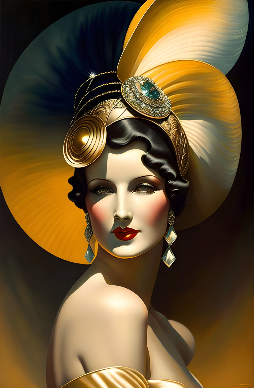 Art Deco Style Woman Illustration with Golden Headpiece