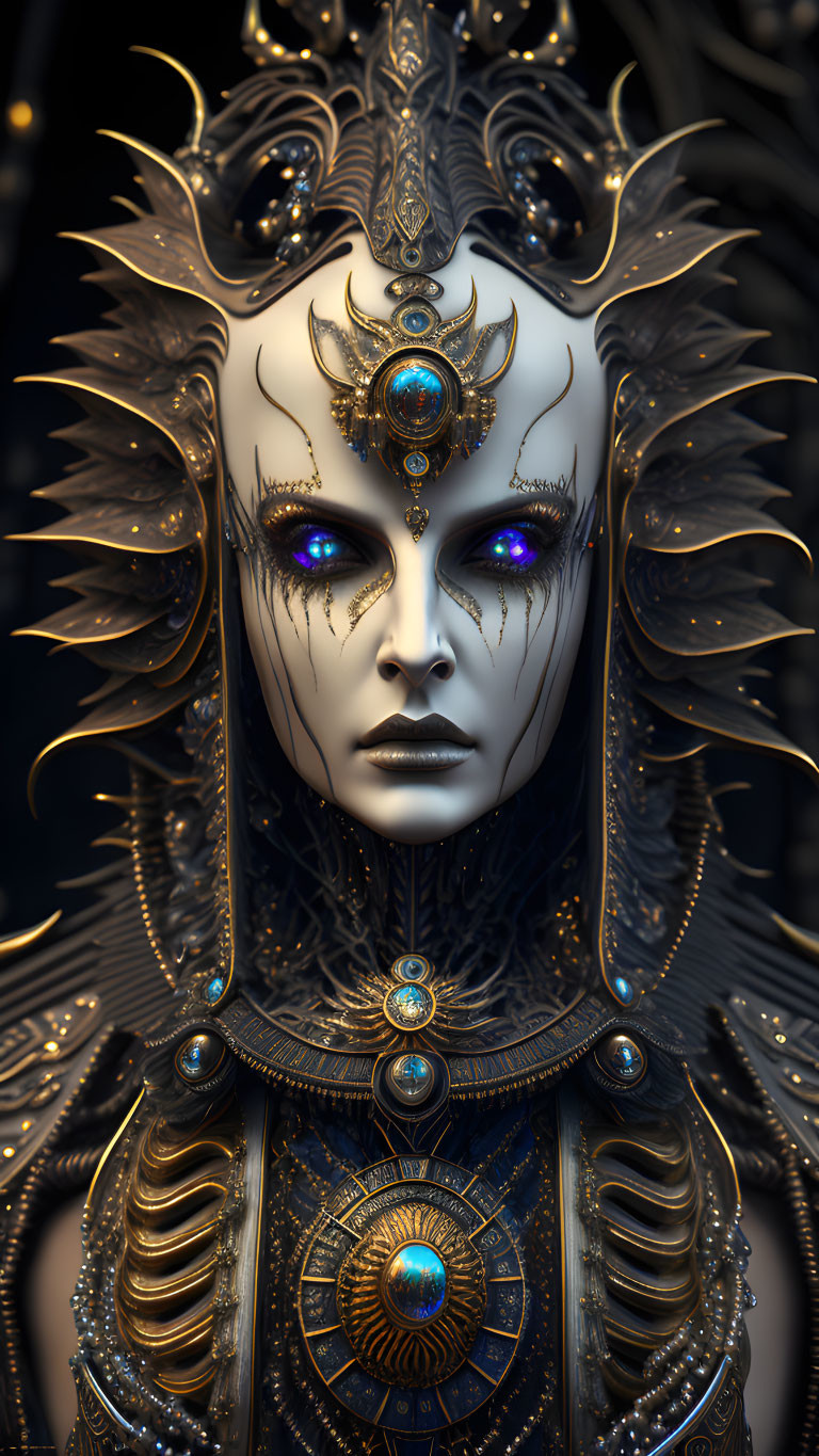 Detailed digital portrait of humanoid figure in ornate gold and blue armor with purple eyes and facial markings