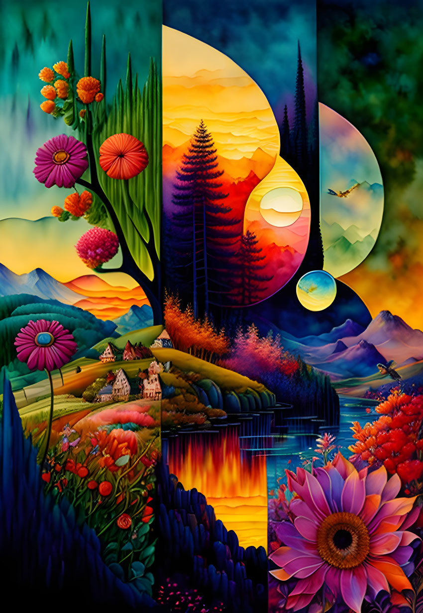 Colorful surreal landscape with multiple moons and whimsical trees