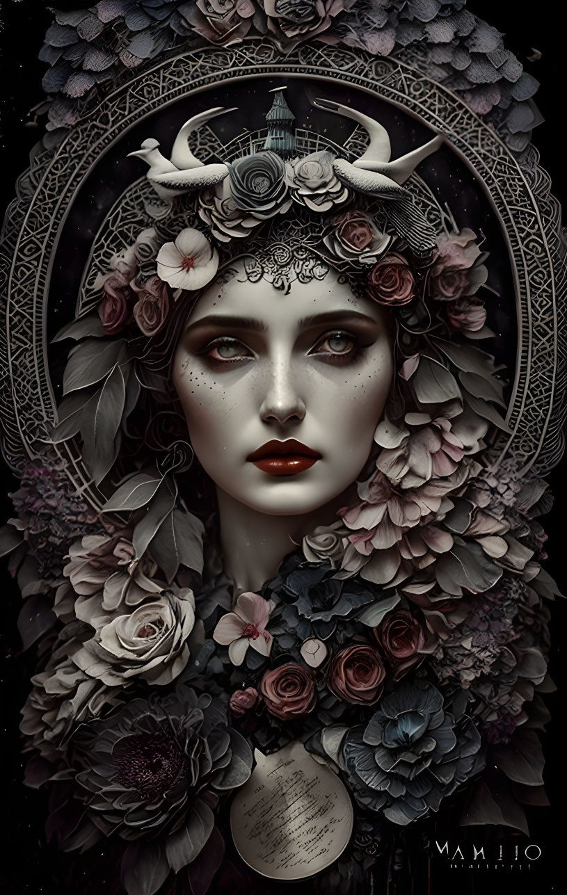 Pale-skinned woman with floral headdress and horns against dark ornate background