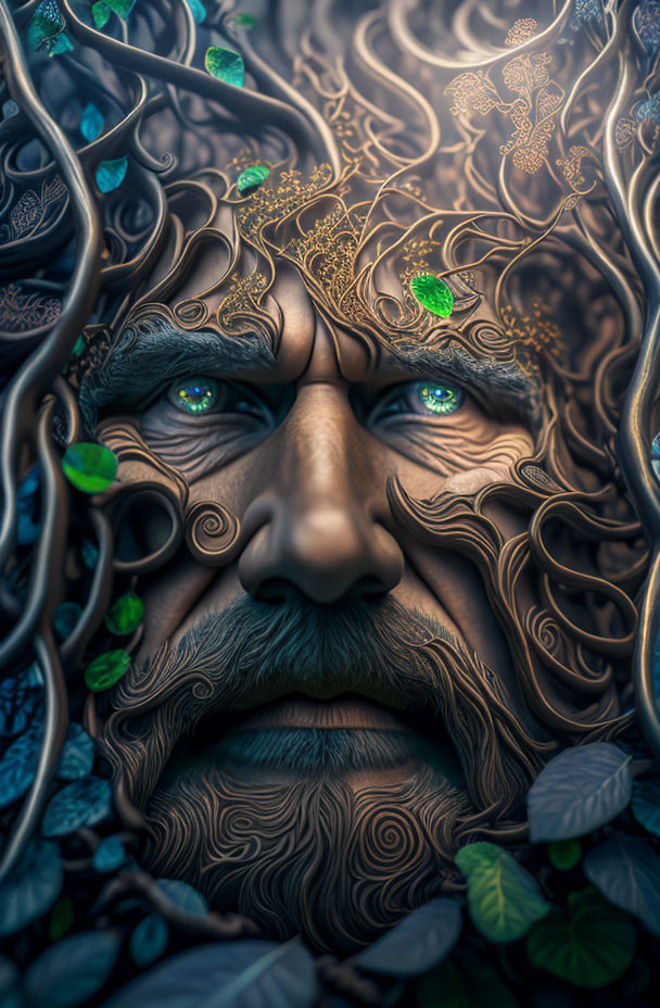 Detailed Digital Artwork: Face with Tree Roots and Leaves, Intricate Patterns, Bright Blue Eyes