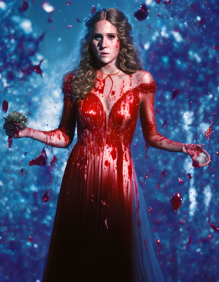 Distressed woman in blood-spattered red dress among floating red petals