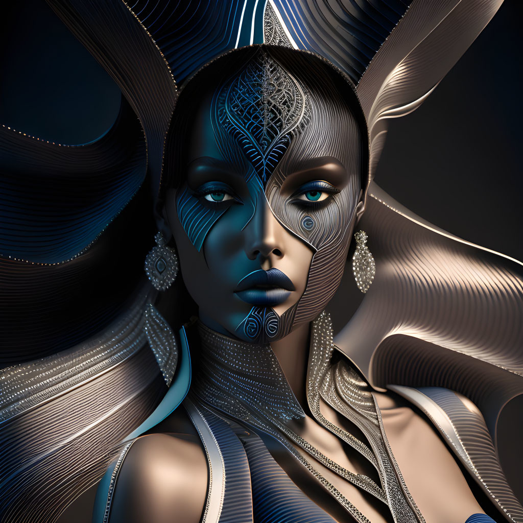 Digital Artwork: Woman with Silver and Blue Skin Patterns amid Abstract Metallic Shapes