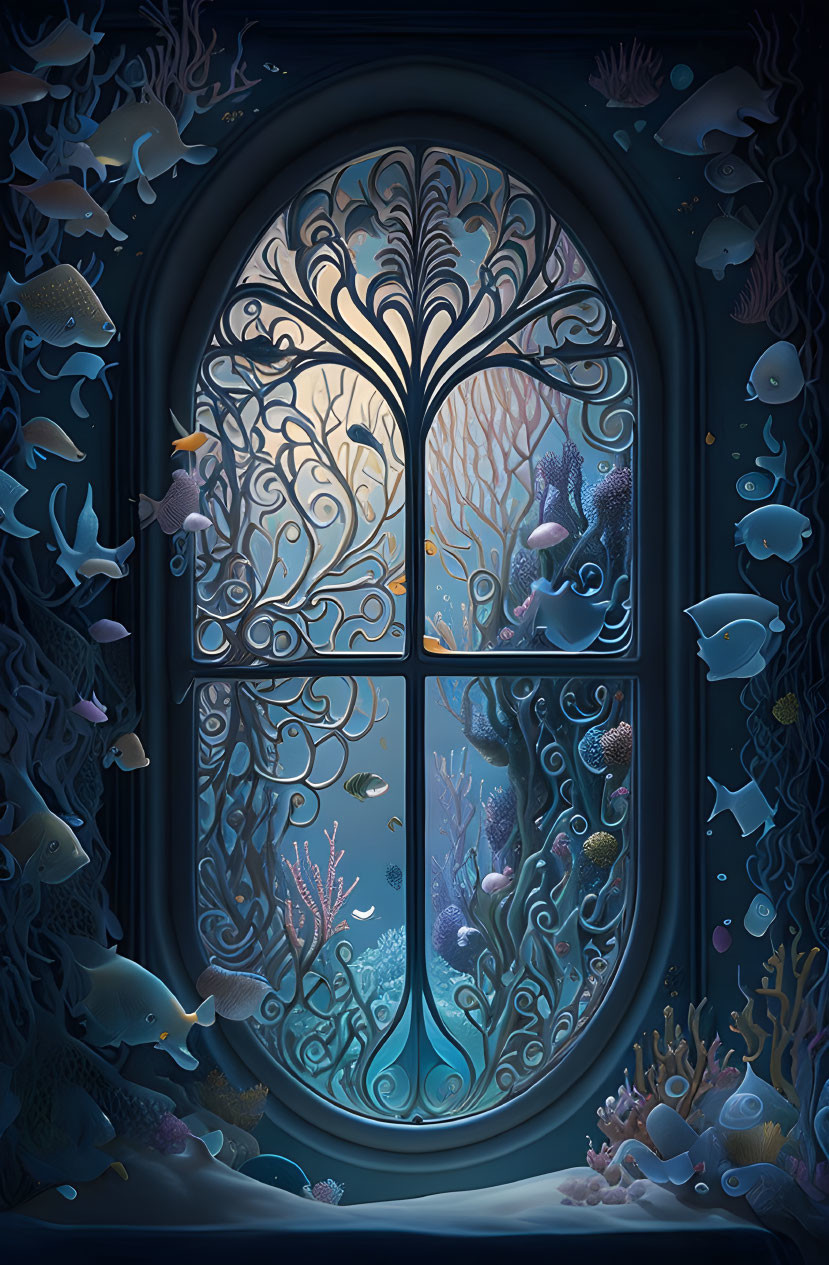 Ornate window with tree-like patterns showcasing underwater scene