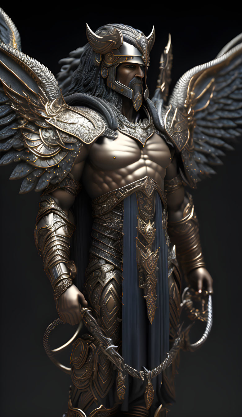 Golden armored winged warrior with chained weapon in majestic pose