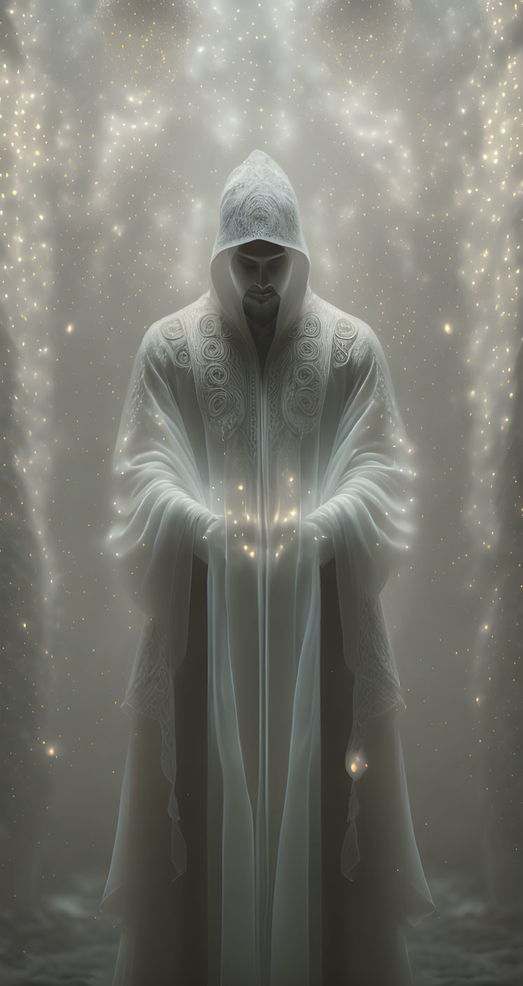 Mystical figure in white cloak with glowing patterns under starry backdrop