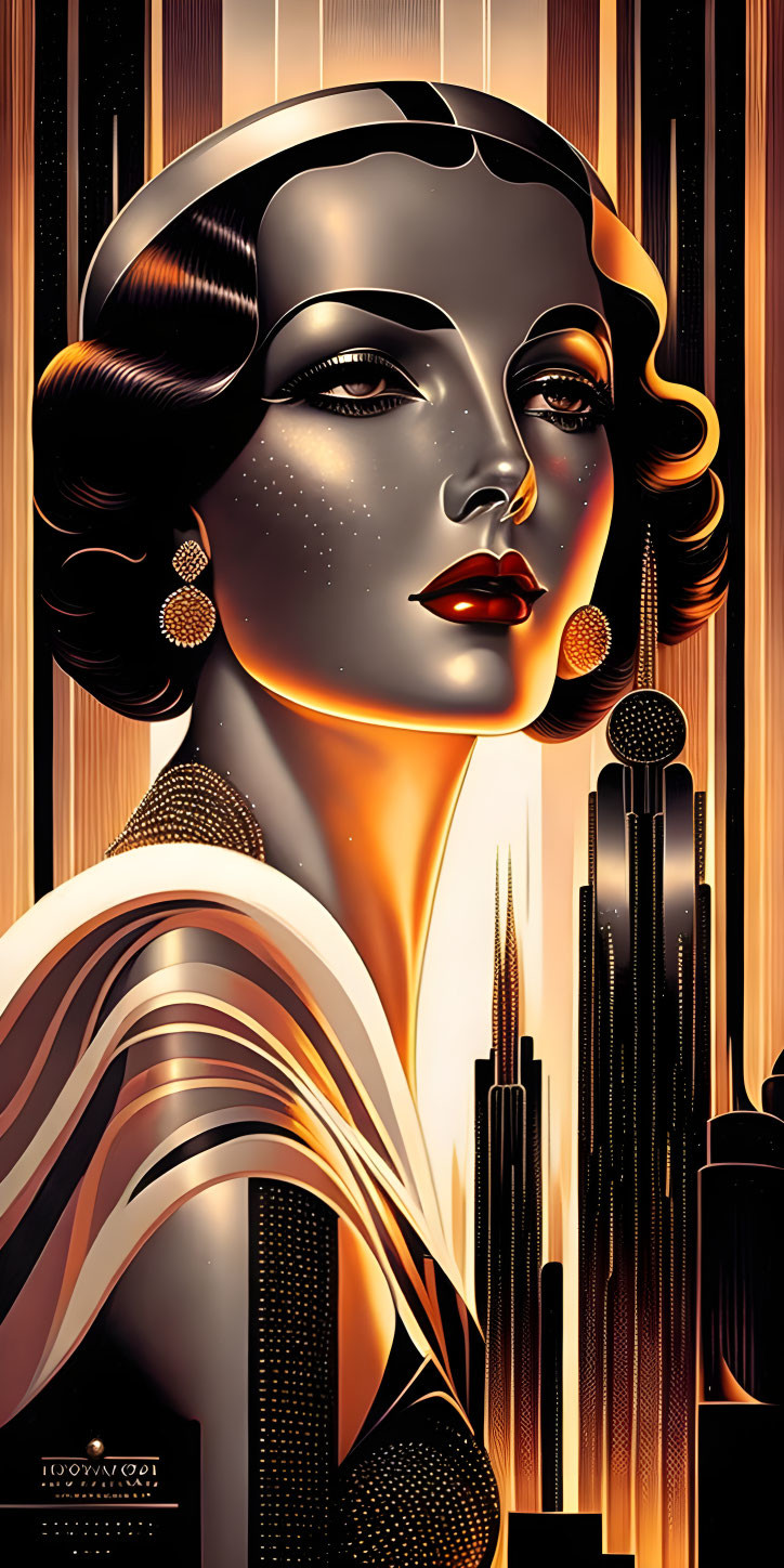 Elegant woman in Art Deco style with skyscrapers background