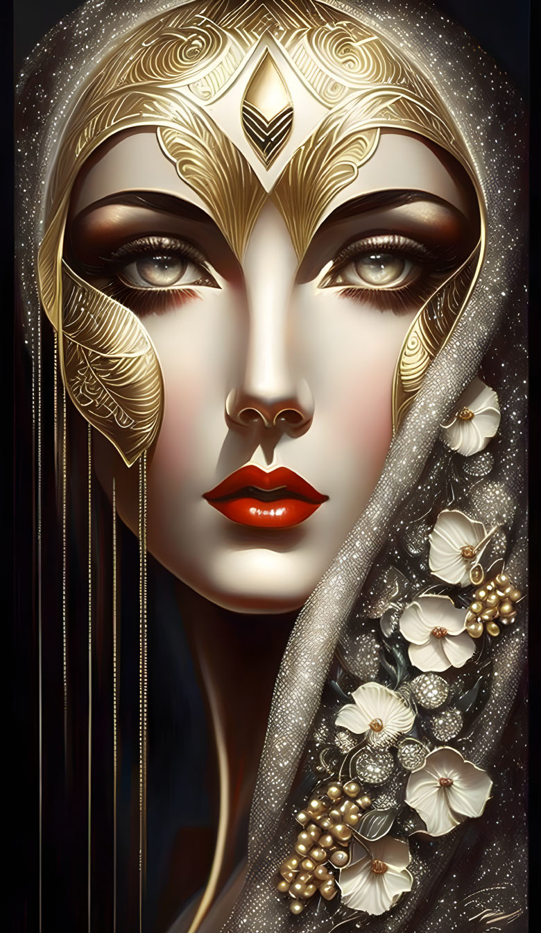 Illustration: Woman with Art Deco accessories, dramatic makeup, veil with white flowers.