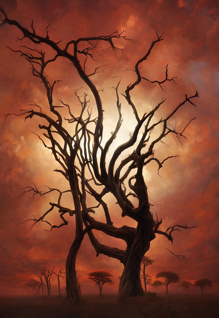 Twisted leafless trees against fiery orange sky