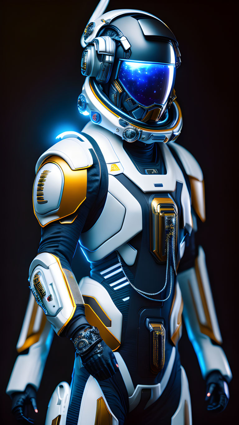 Futuristic astronaut in white and blue suit with gold accents on dark background