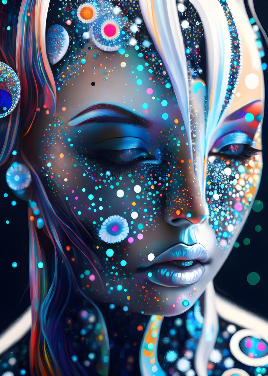 Mirrored Faces with Cosmic Patterns on Dark Background