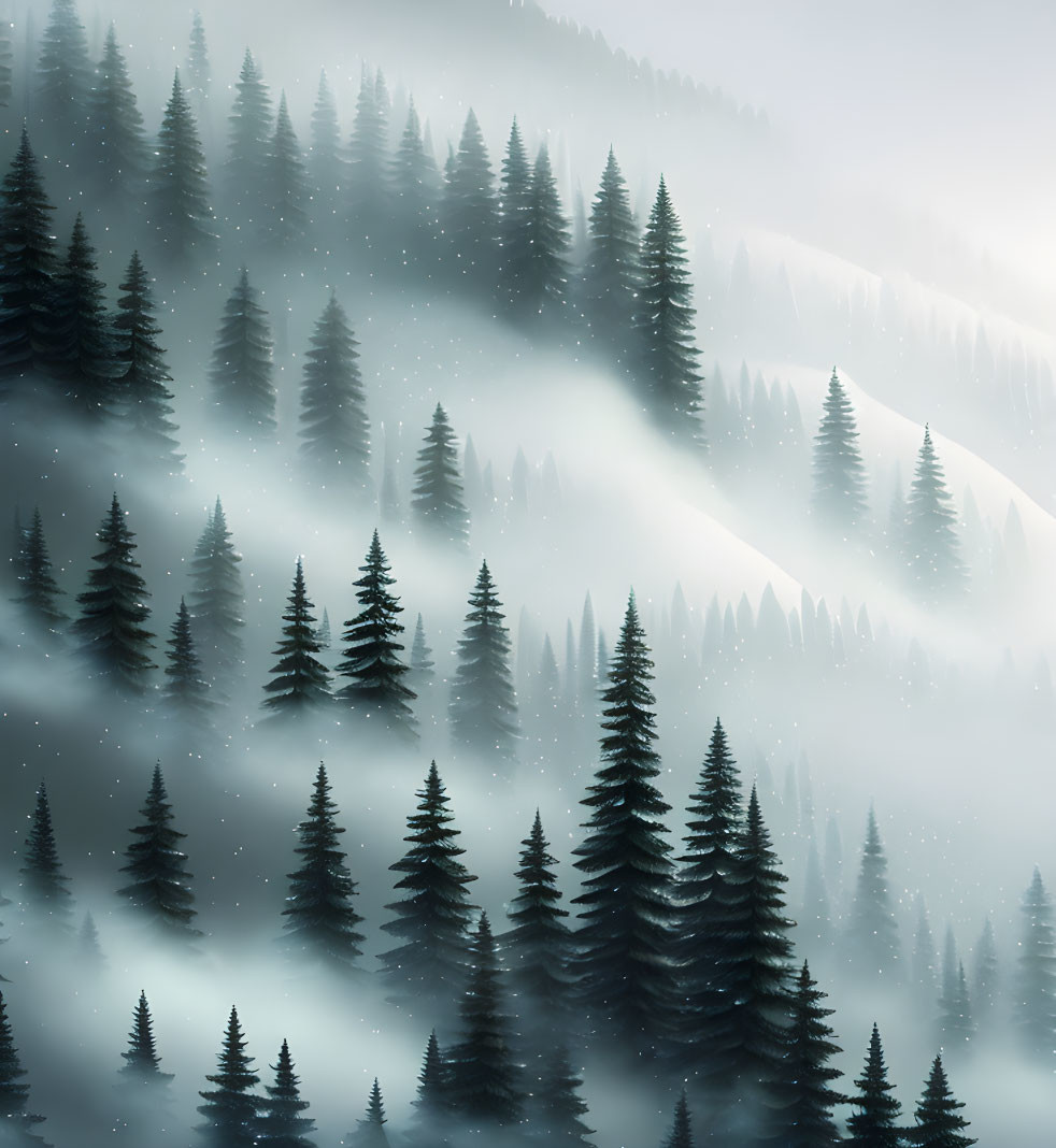 Serene misty forest with layered hills and falling snowflakes