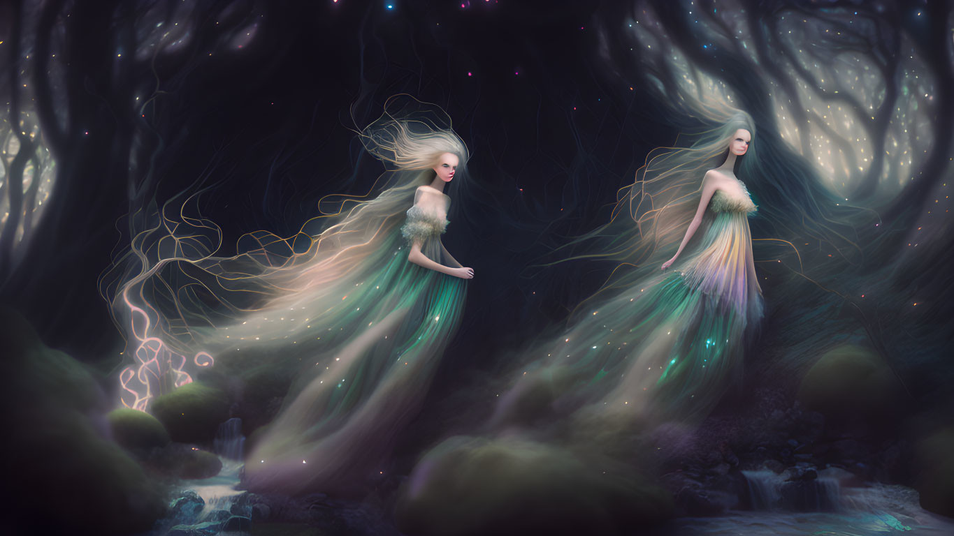 Ethereal women in flowing dresses in mystical starlit forest