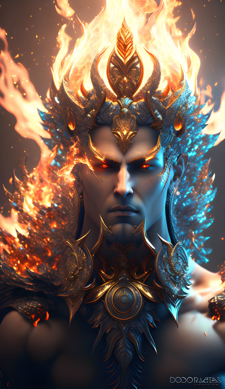 Blue-skinned character with fiery crown and ornate armor in mystical art