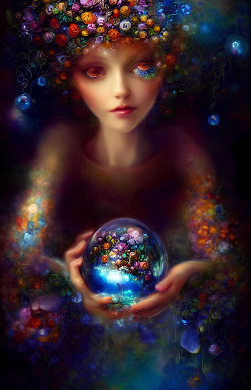 Mystical woman with floral headdress holding glowing orb surrounded by flowers and butterflies