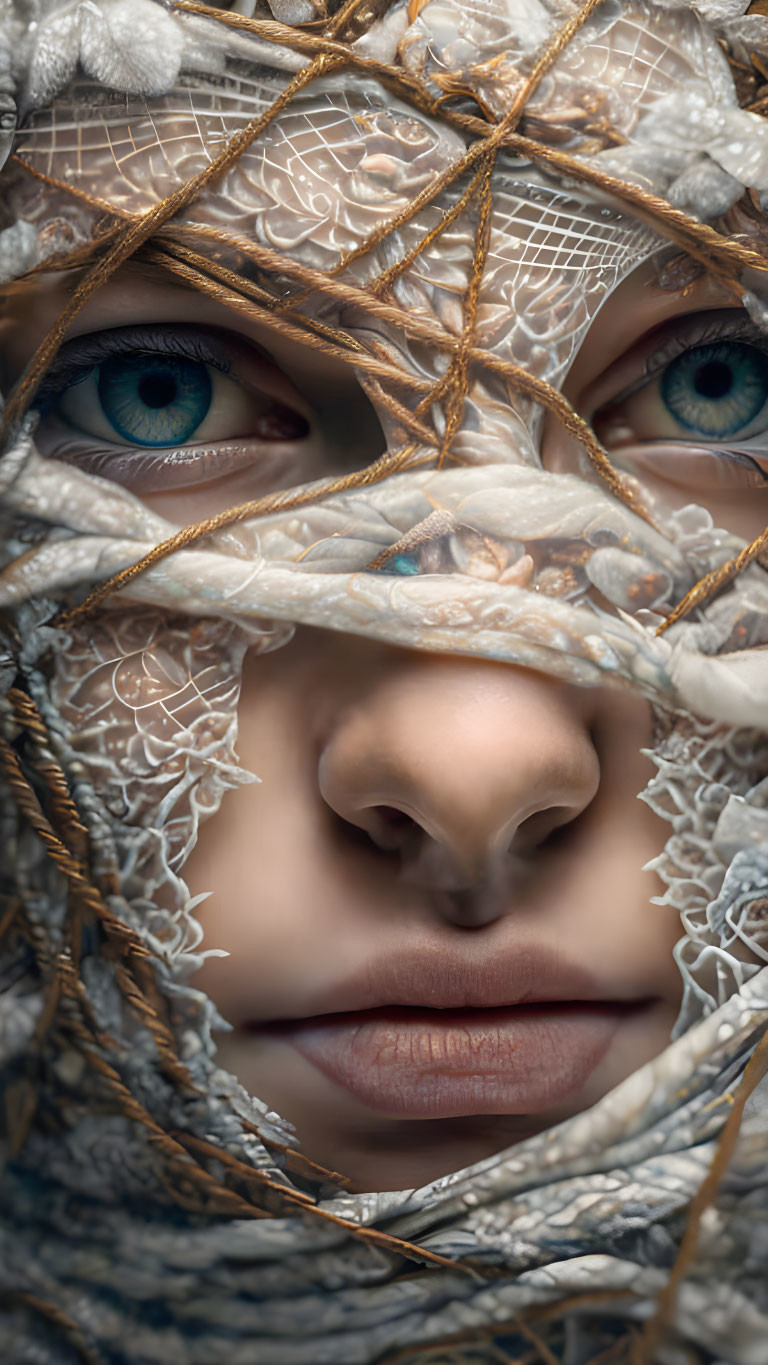 Person with Striking Blue Eyes Partially Obscured by Intricate Lace Fabric