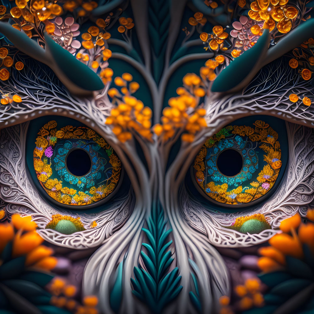 Symmetrical flora and fauna image with vibrant eyes and floral patterns integrated into a tree-like face.