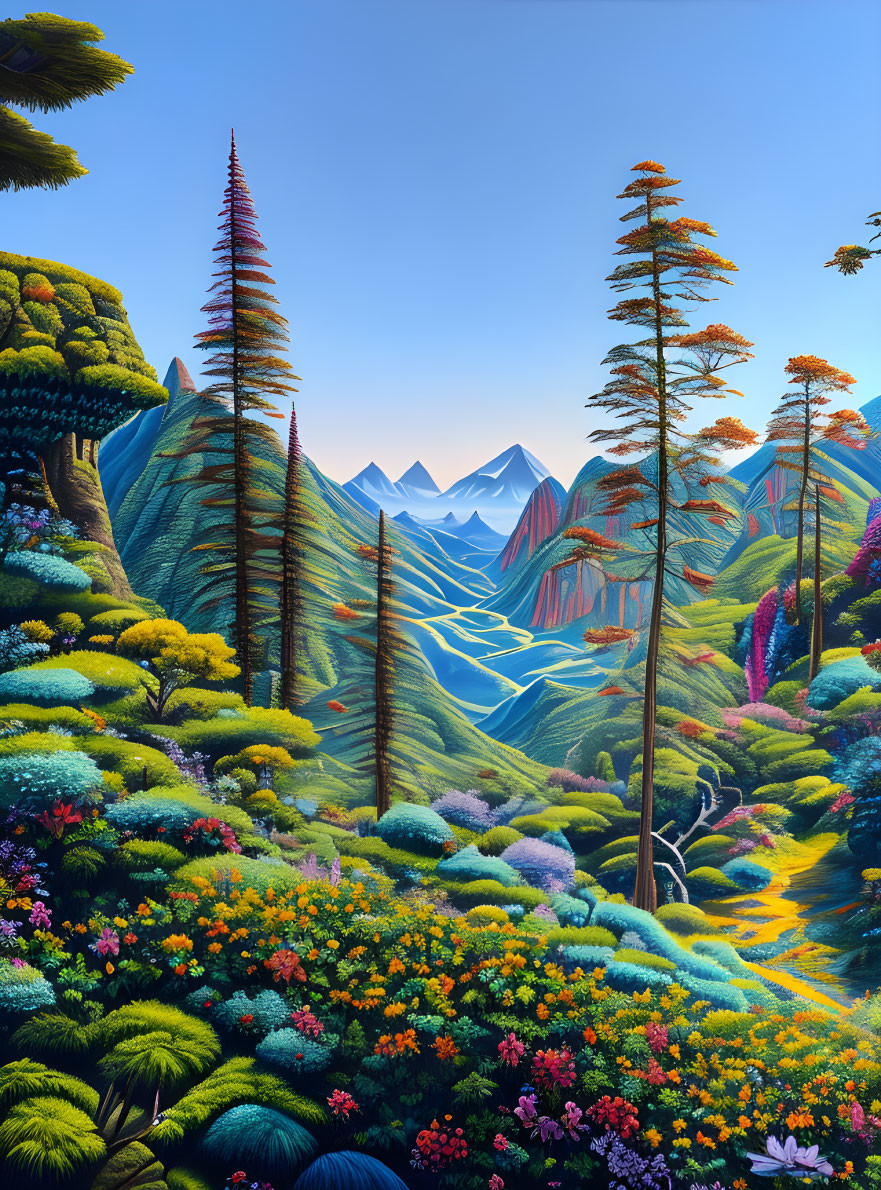 Colorful landscape painting with lush flora, towering trees, and distant mountains.