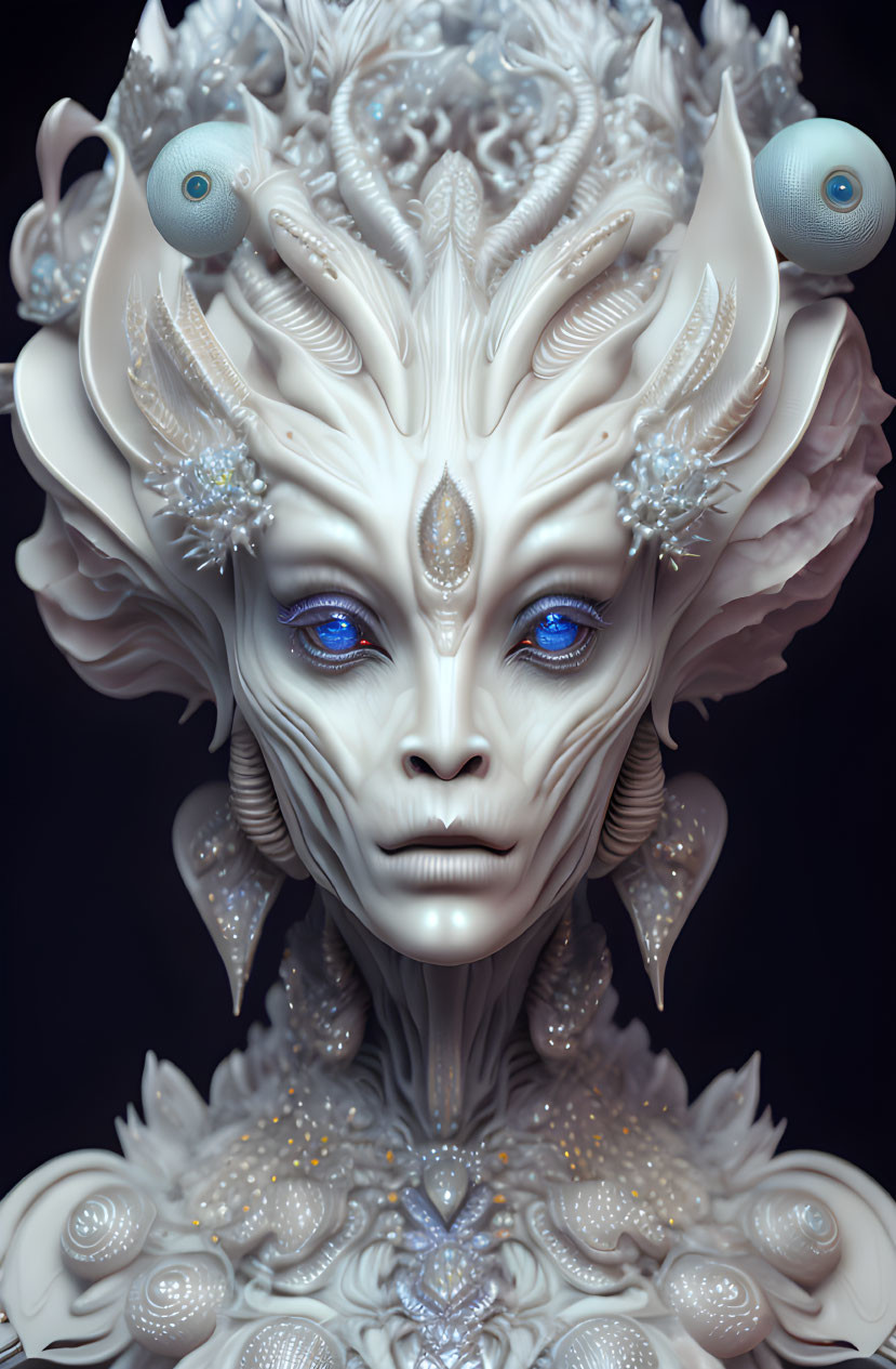 Detailed 3D render of humanoid figure with blue eyes and ornate facial features