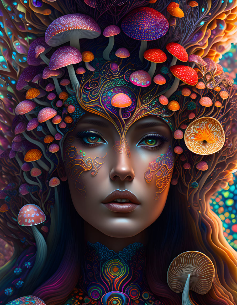 Vibrant psychedelic portrait of a woman with mushroom headdress