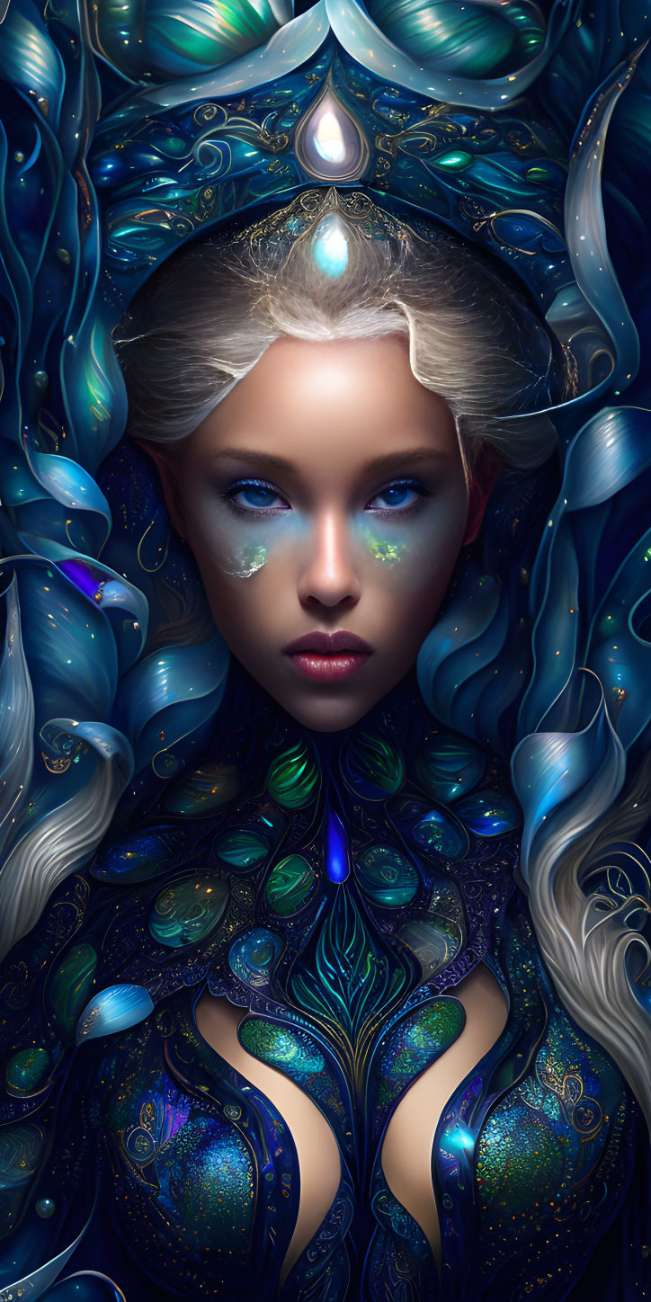 Fantasy portrait with pale skin, blue eyes, and jewel-toned armor.