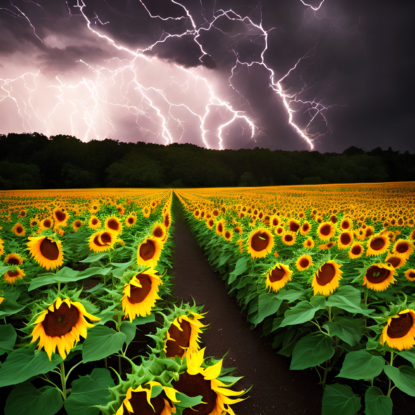 Dramatic lightning over vibrant sunflower field