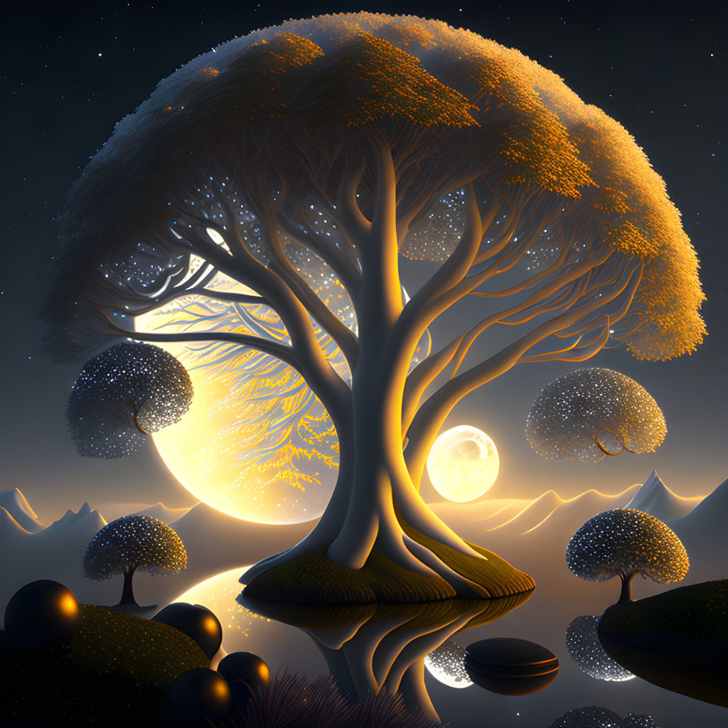 Luminescent Trees on Island with Full Moon & Starry Sky