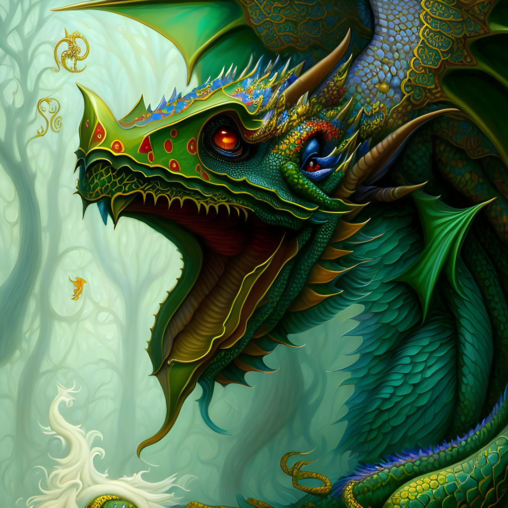 Detailed Green Dragon Illustration with Golden Accents and Mystical Forest Background