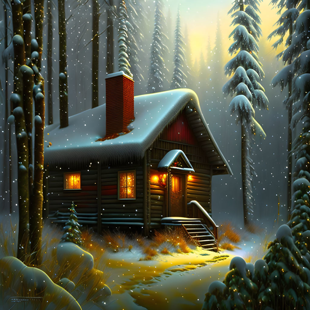 Snowy Forest Cabin with Warm Light and Chimney Smoke